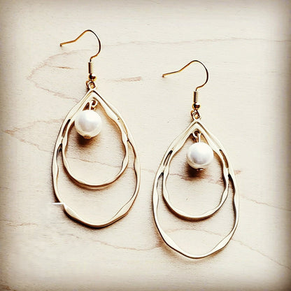 Matte Gold Double Hoop Earrings with Pearl Dangle 203t