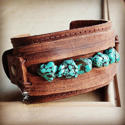 Genuine Leather Wide Cuff with Blue Turquoise Chunks 001z