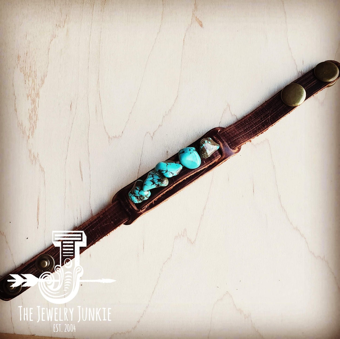 Genuine Leather Narrow Cuff with Blue Turquoise Chunks 002a