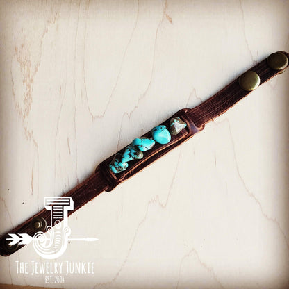 Genuine Leather Narrow Cuff with Blue Turquoise Chunks 002a