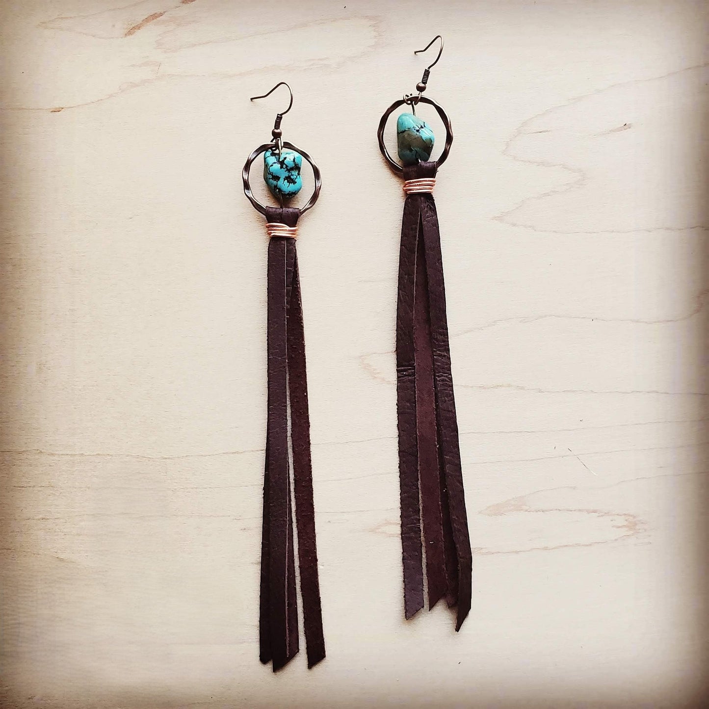 Turquoise Drop Earrings w/ Brown Leather Tassel 203z