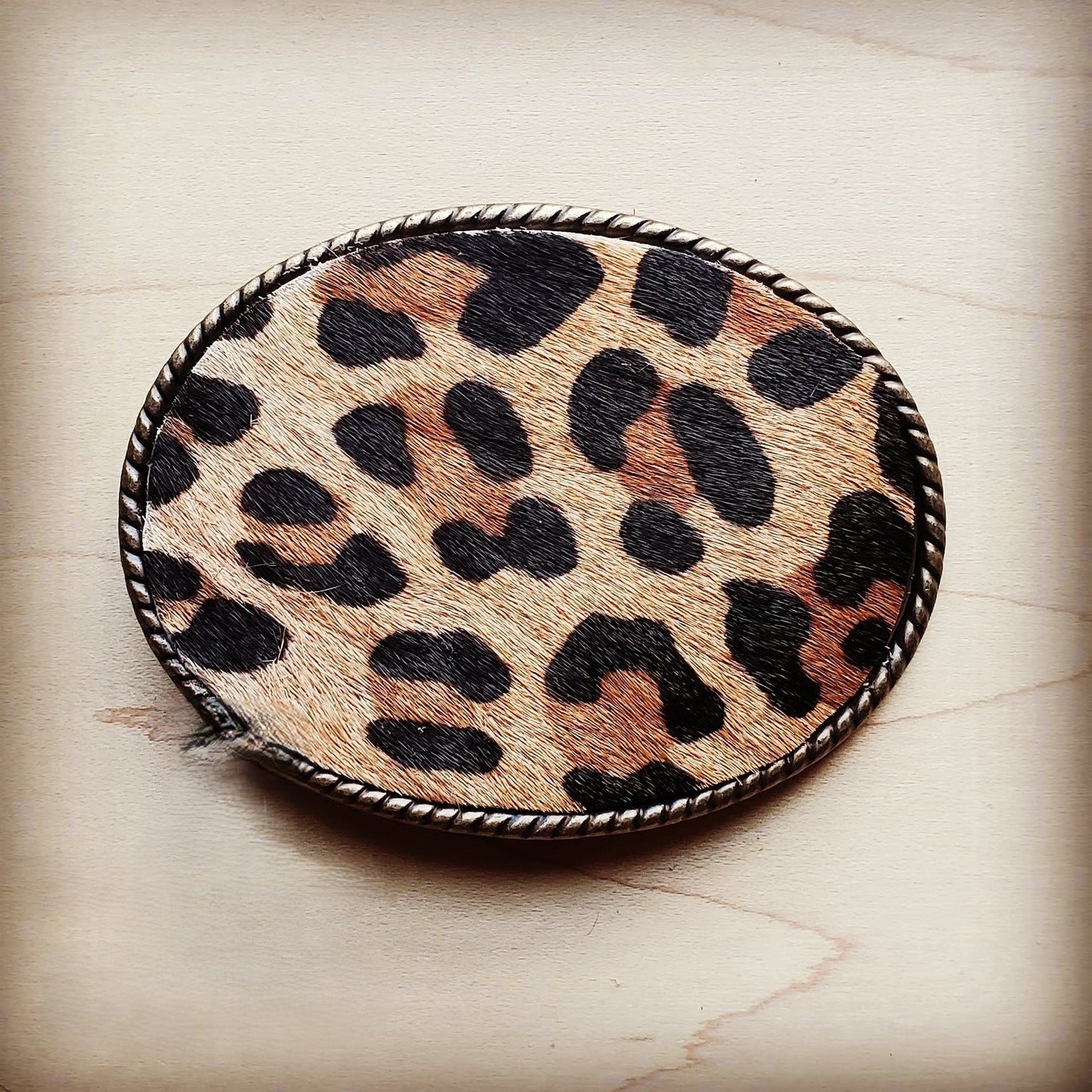 Rope Edge Leopard Hair on Hide Leather Belt Buckle 902d