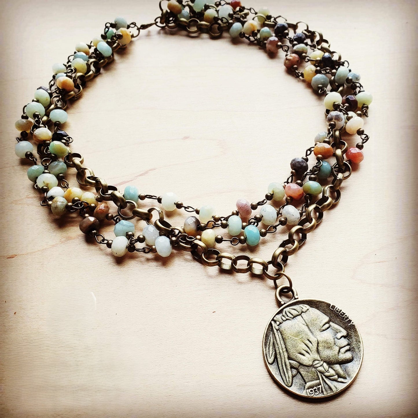 Amazonite Collar-Length Necklace with Indian Head Coin 252L