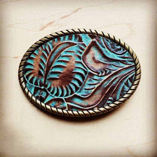 Rope Edge Turquoise Brown Floral Leather Belt Buckle 902L