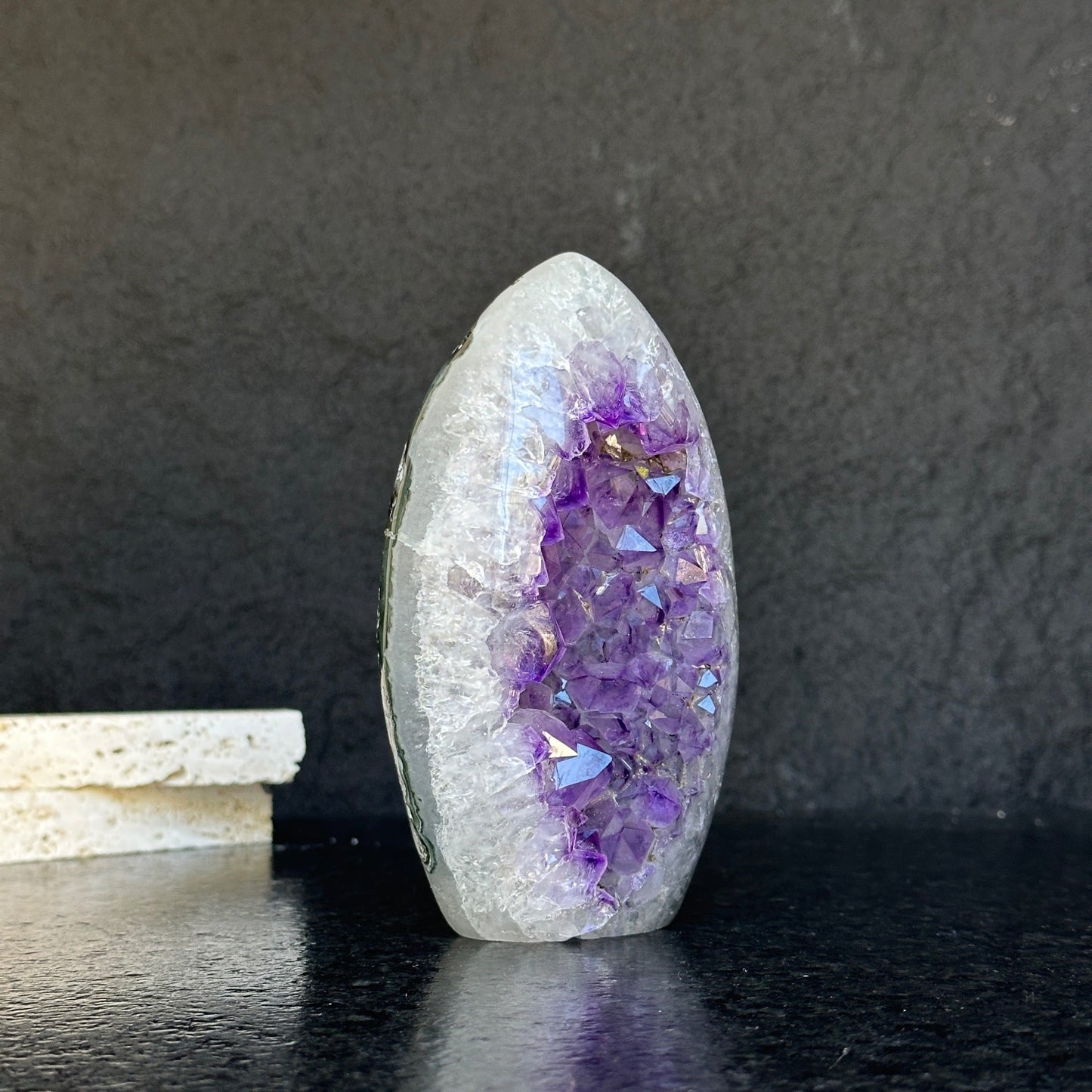 Amethyst Geode Crystal Egg with incredible Agate formations, Natural cave shaped polished agate stone