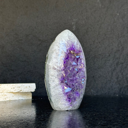 Amethyst Geode Crystal Egg with incredible Agate formations, Natural cave shaped polished agate stone