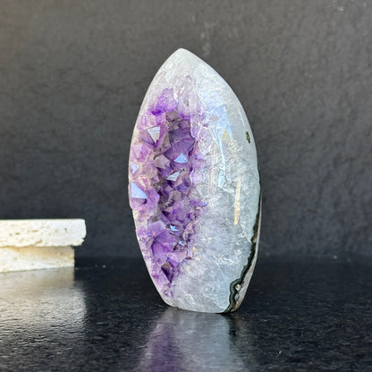 Amethyst Geode Crystal Egg with incredible Agate formations, Natural cave shaped polished agate stone