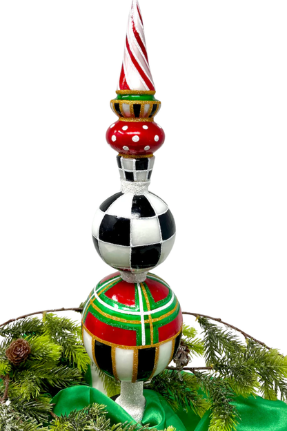 Red Tartan Glass Finial Tree Topper