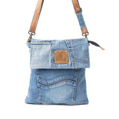 Myra Jaycee's Day Upcycled Denim Crossbody Bag - Foldover Everyday Sling with Leather Strap and Pocket Detail for Laid-Back Vibes