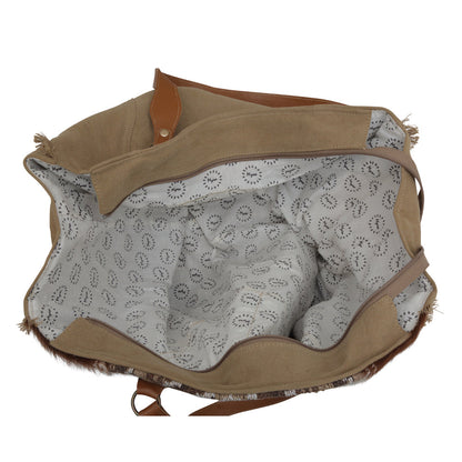Myra Elisa Leather Weekender Bag - Spacious Cowhide Travel Tote with Tribal Woven Panel and Dual Shoulder Straps