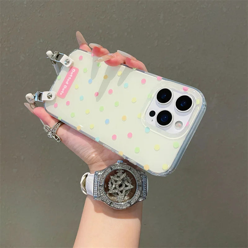 Fashion Colorful Polka Dot Phone Case With Wrist Strap For iPhone