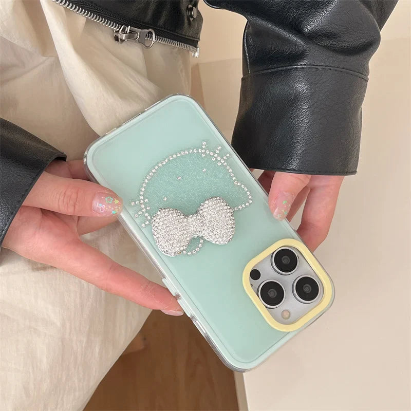 Luxury Rhinestone Bow Jelly Solid Color Glitter Hello Kitty Phone Case For iPhone