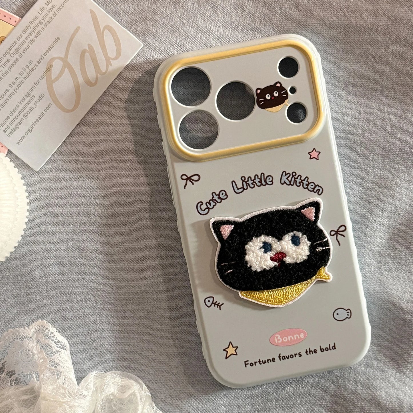 Korean Cartoon Embroidery Cat Pig Animals Plush Couple Phone Case For iPhone