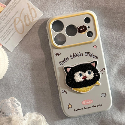 Korean Cartoon Embroidery Cat Pig Animals Plush Couple Phone Case For iPhone