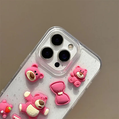 3D Cartoon Strawberry Bear Drop Glue Glitter Phone Case For iPhone