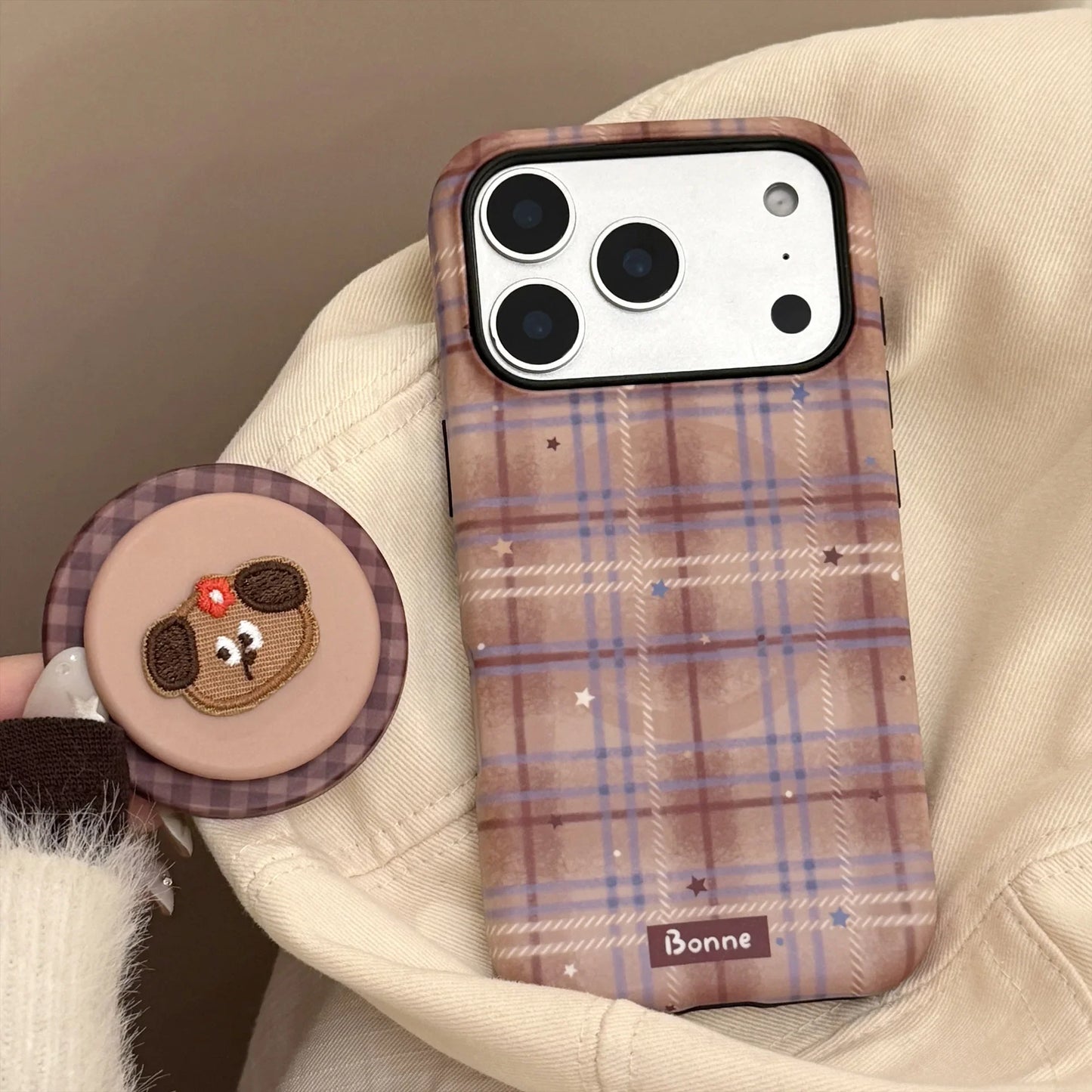 Cute Grid Pattern Cartoon Embroidery Puppy Bracket Magnetic Phone Case For iPhone