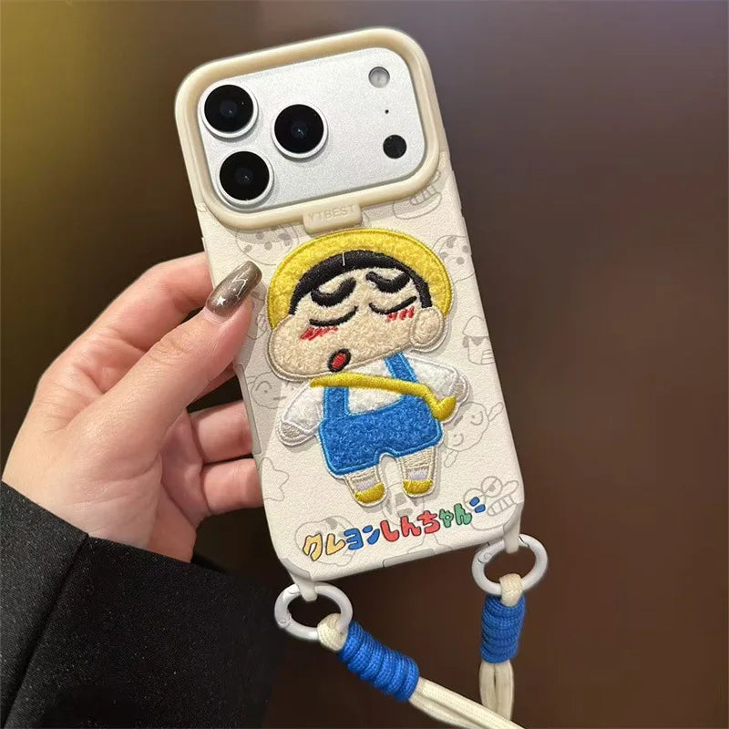 Cute Crayon Shin-chan Embroidered Leather Texture Phone Case For iPhone