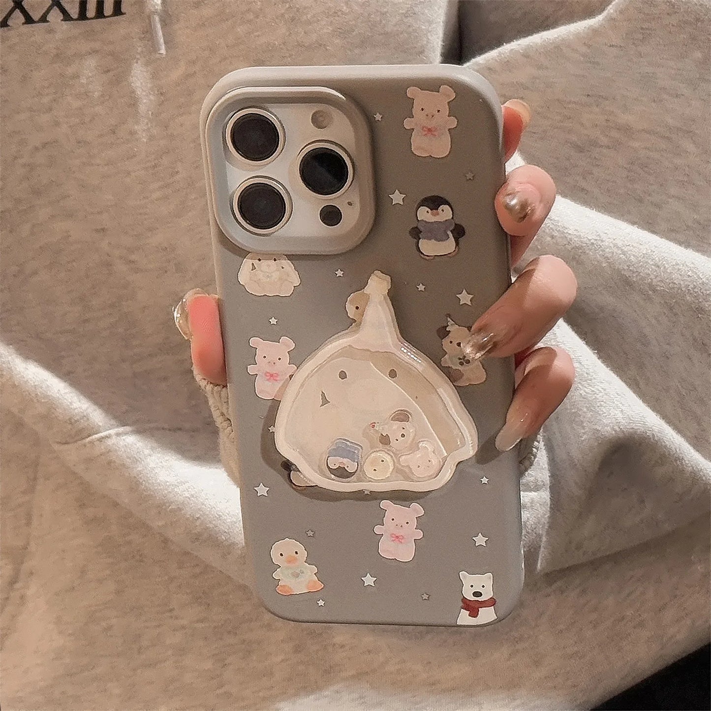 Cute Cartoon 3D Penguin Bunny Quicksand Phone Case For iPhone