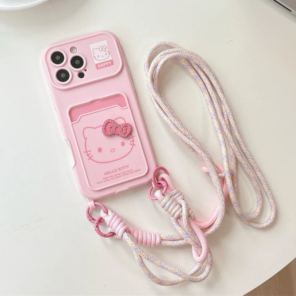 Crossbody Lanyard Hello Kitty Slot Card Bag Phone Case For iPhone