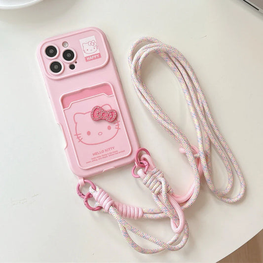 Crossbody Lanyard Hello Kitty Slot Card Bag Phone Case For iPhone