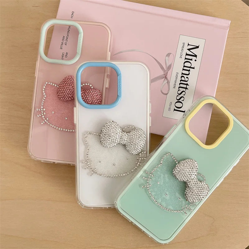 Luxury Rhinestone Bow Jelly Solid Color Glitter Hello Kitty Phone Case For iPhone