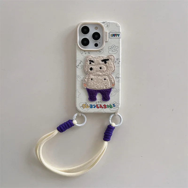 Cute Crayon Shin-chan Embroidered Leather Texture Phone Case For iPhone