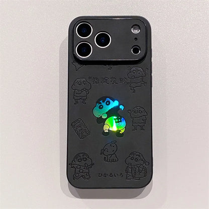 Anime Crayon Shin-chan Butt Emboss Laser Faux Leather Phone Case For iPhone