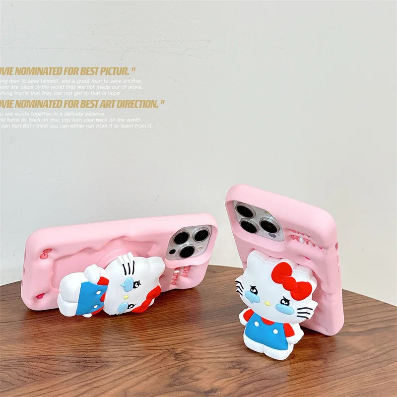 Kawaii 3D Cartoon Cry Hello Kitty Telescopic Bracket Soft Silicone Phone Case For iPhone