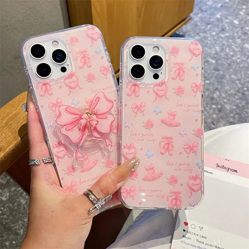 Korean Love Heart Ballet Style Pink Bowknot Rotate Bracket Phone Case For iPhone