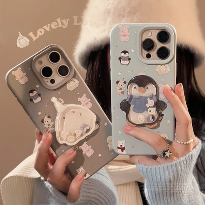 Cute Cartoon 3D Penguin Bunny Quicksand Phone Case For iPhone