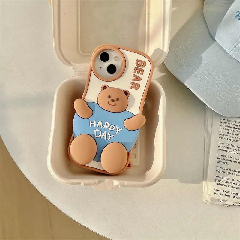 3D Cute Cartoon Fat Bear Silicone Telescopic Bracket Phone Case For iPhone
