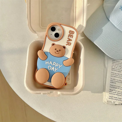 3D Cute Cartoon Fat Bear Silicone Telescopic Bracket Phone Case For iPhone
