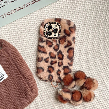 Fashion Leopard Furry Plush Lens Bracket Phone Case For iPhone