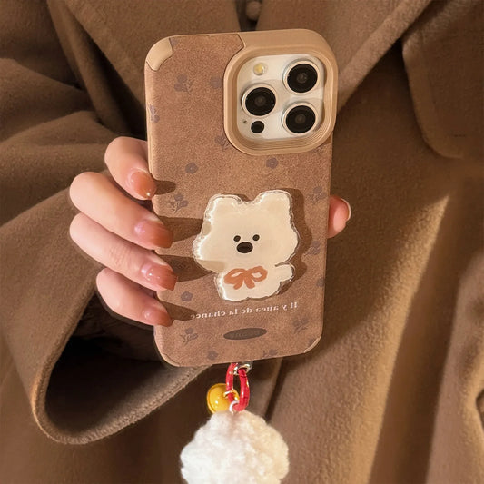 Cute Cartoon 3D White Puppy Flowers Suede Leather Phone Case With Pendants For iPhone