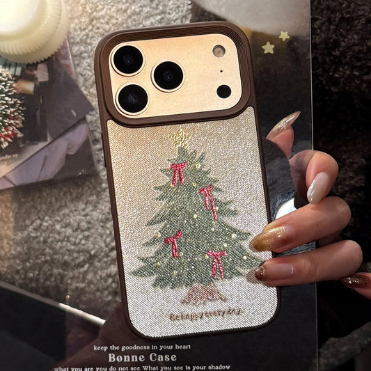 Korean Bowknot Christmas Tree Pattern Leather Texture Phone Case For iPhone