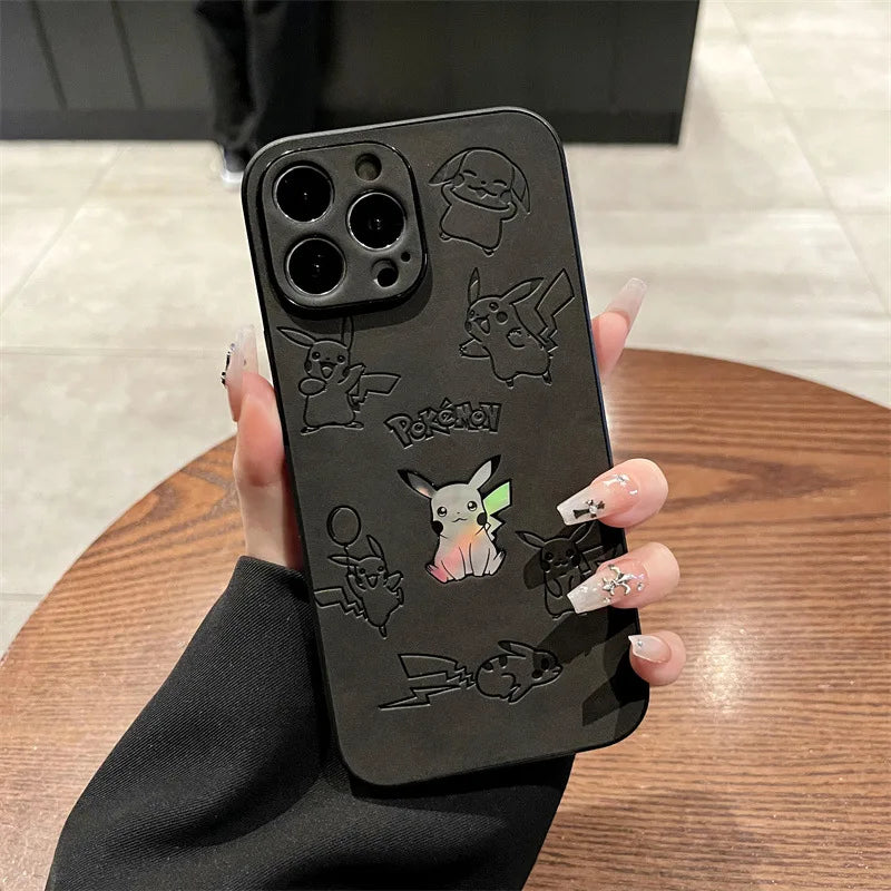 Cute Cartoon Anime Pikachu Leather Texture Laser Phone Case For iPhone