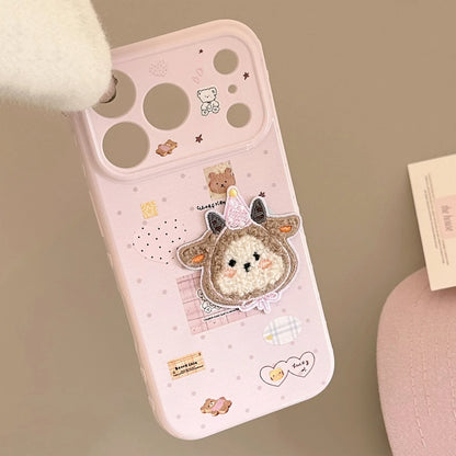 Korean Cartoon Embroidery Plush Sheep Sticker Phone Case With Chain For iPhone