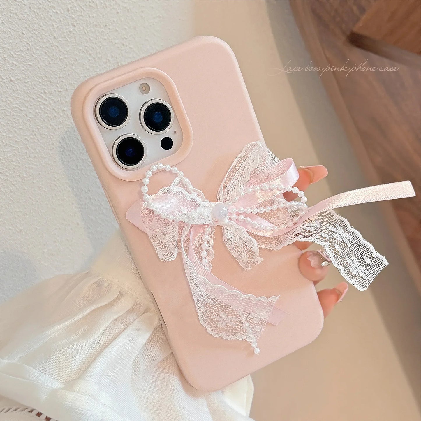 Korean Cute 3D Pearl Lace Silk Ribbon Bow Phone Case For iPhone