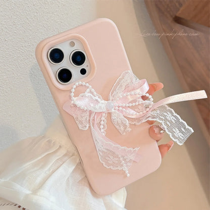 Korean Cute 3D Pearl Lace Silk Ribbon Bow Phone Case For iPhone