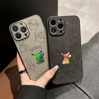Cute Cartoon Anime Pikachu Leather Texture Laser Phone Case For iPhone