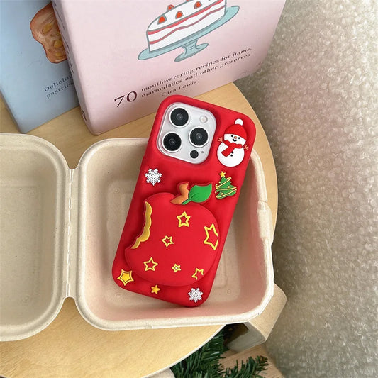 Kawaii Cartoon Snowman Christmas Apple Silicone Telescopic Bracket Phone Case For iPhone