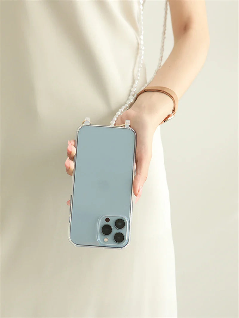 Luxury Crossbody With Lanyard Jewelry Pearl Chain Clear Holder Phone Case For iPhone