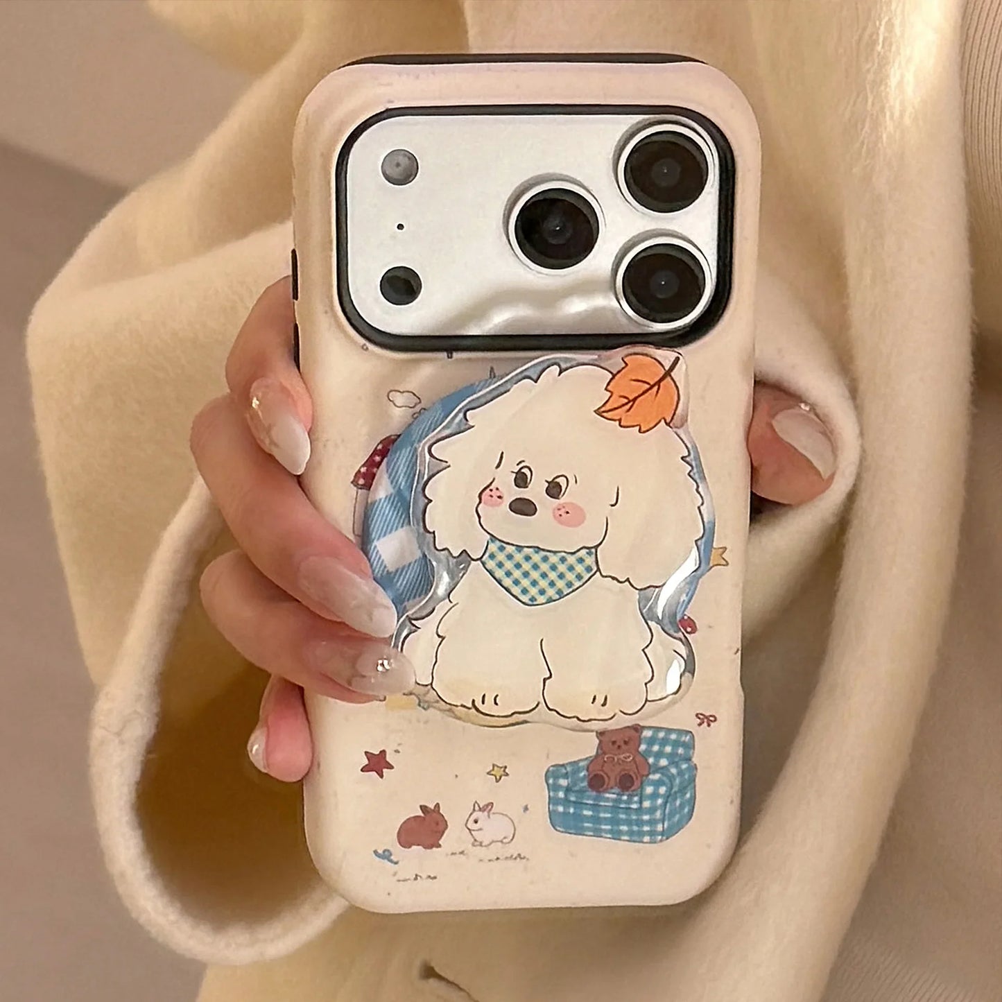 Korean Cartoon Maple Leafs Puppy Magnetic Bracket Phone Case For iPhone