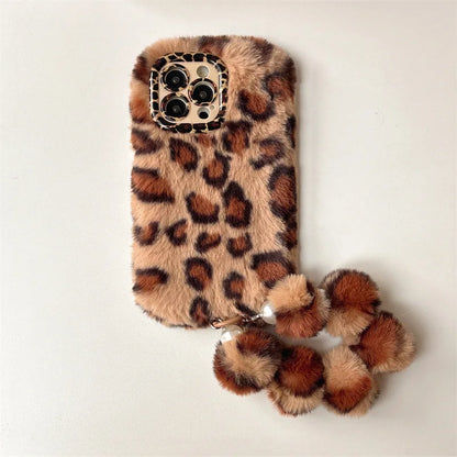 Fashion Leopard Furry Plush Lens Bracket Phone Case For iPhone