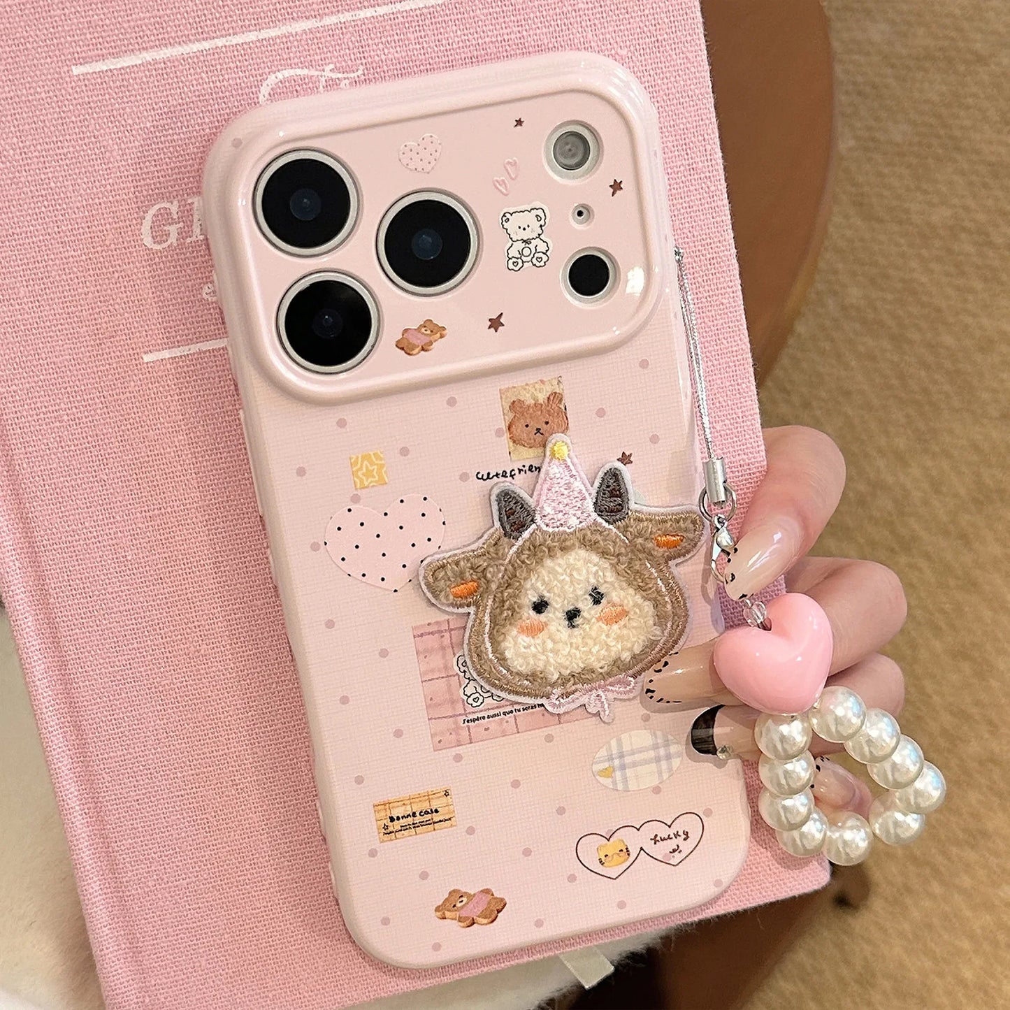 Korean Cartoon Embroidery Plush Sheep Sticker Phone Case With Chain For iPhone