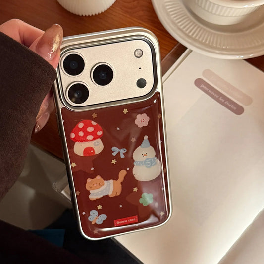 Korean Cartoon Christmas Snowman House Drop Glue Plating Phone Case For iPhone