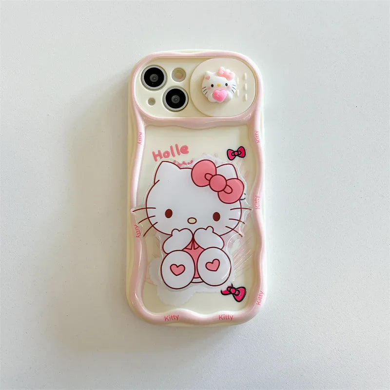 Cute Cartoon 3D Hello Kitty Sliding Camera Bracket Wave Phone Case For iPhone