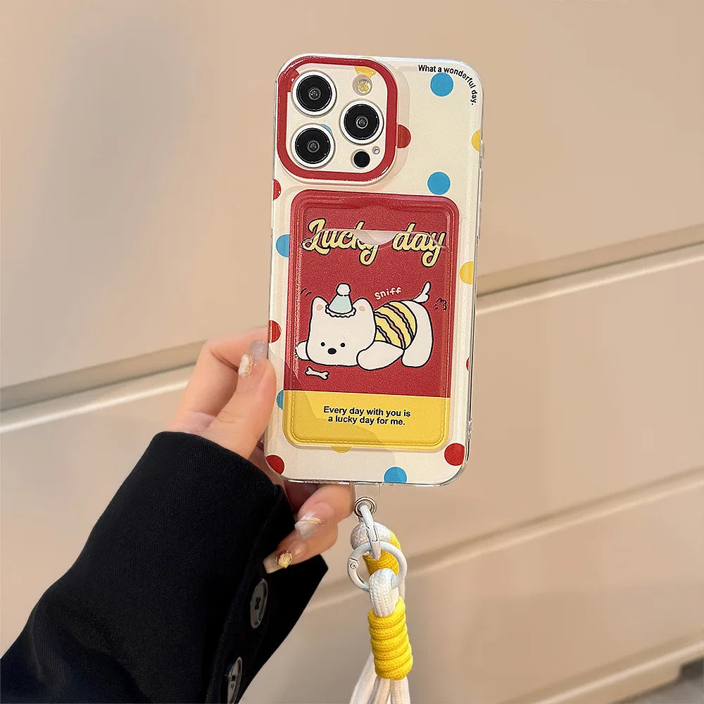 Cute Cartoon Puppy Bracket Card Holder Phone Case With Lanyard For iPhone