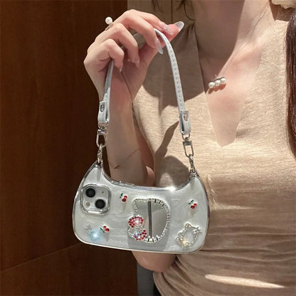 3D Diamond Cute Bow Hello Kitty Cherry Glitter Mirror Phone Case For iPhone