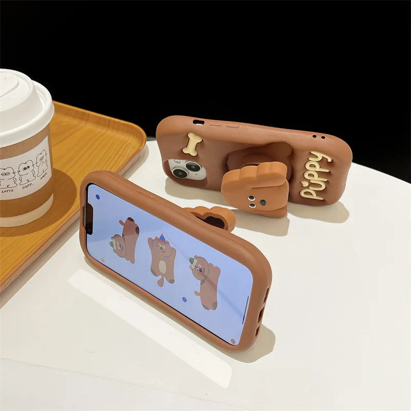 Cute Cartoon Teddy Puppy Silicone Telescopic Bracket Phone Case For iPhone